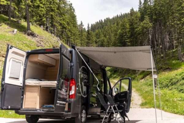 Wohnmobil mieten Braunschweig: Ausblick auf Nadelbäume und Berge